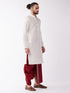 Men's White And Maroon Silk Blend Kurta And Dhoti Set