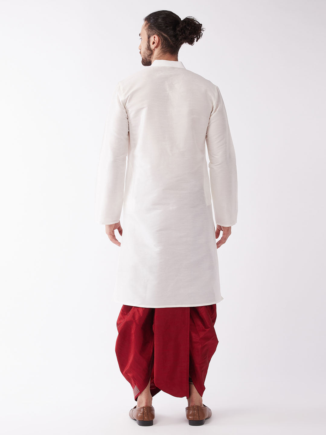 Men's White And Maroon Silk Blend Kurta And Dhoti Set