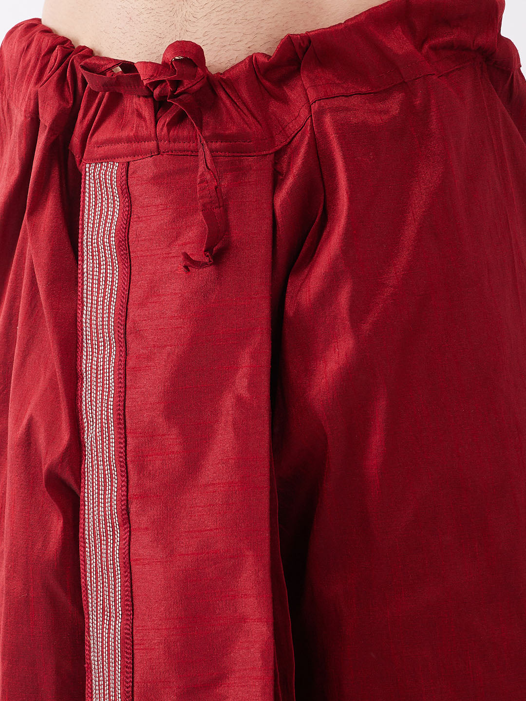 Men's White And Maroon Silk Blend Kurta And Dhoti Set