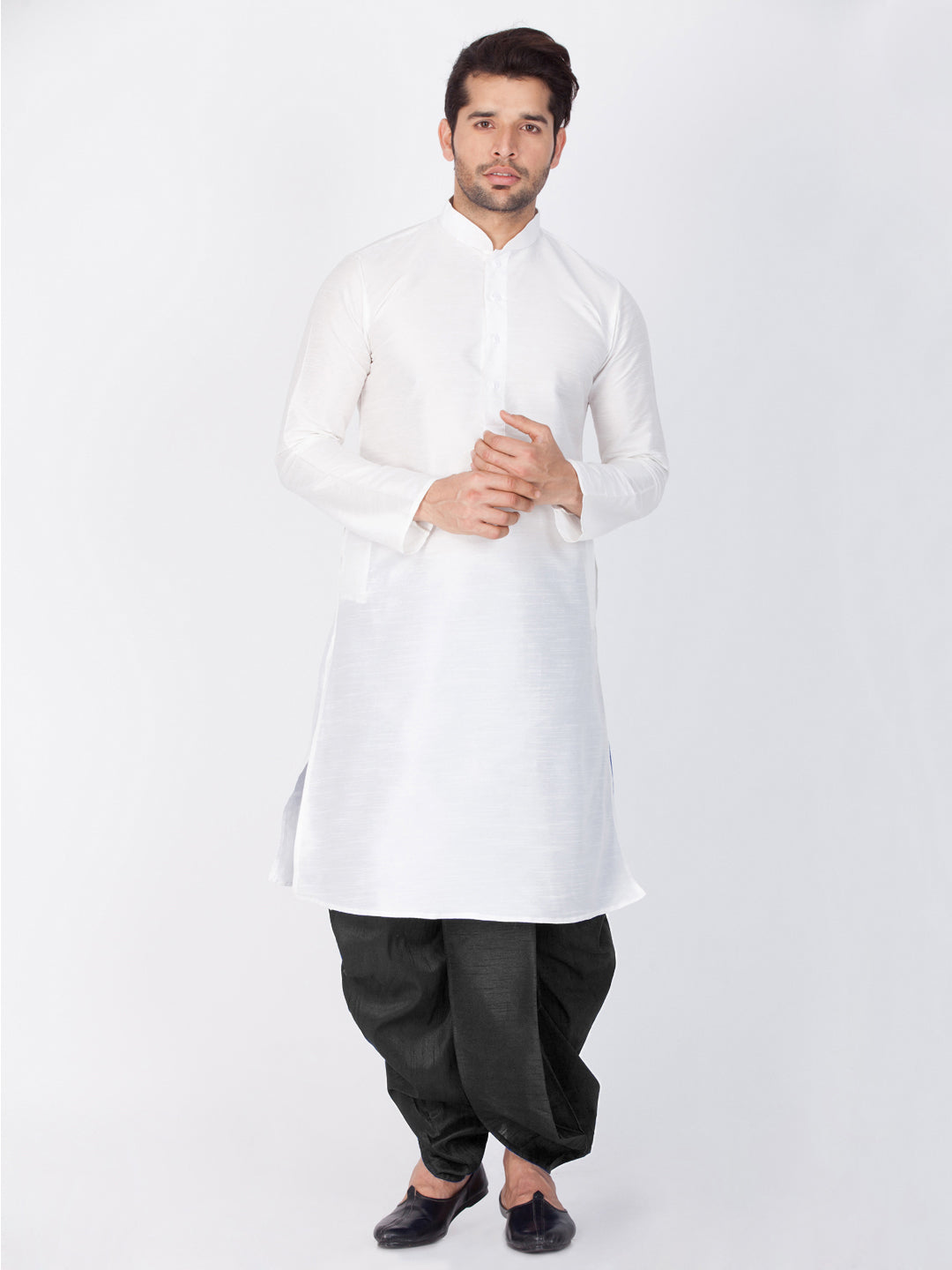 Men's White Cotton Silk Blend Kurta and Dhoti Pant Set