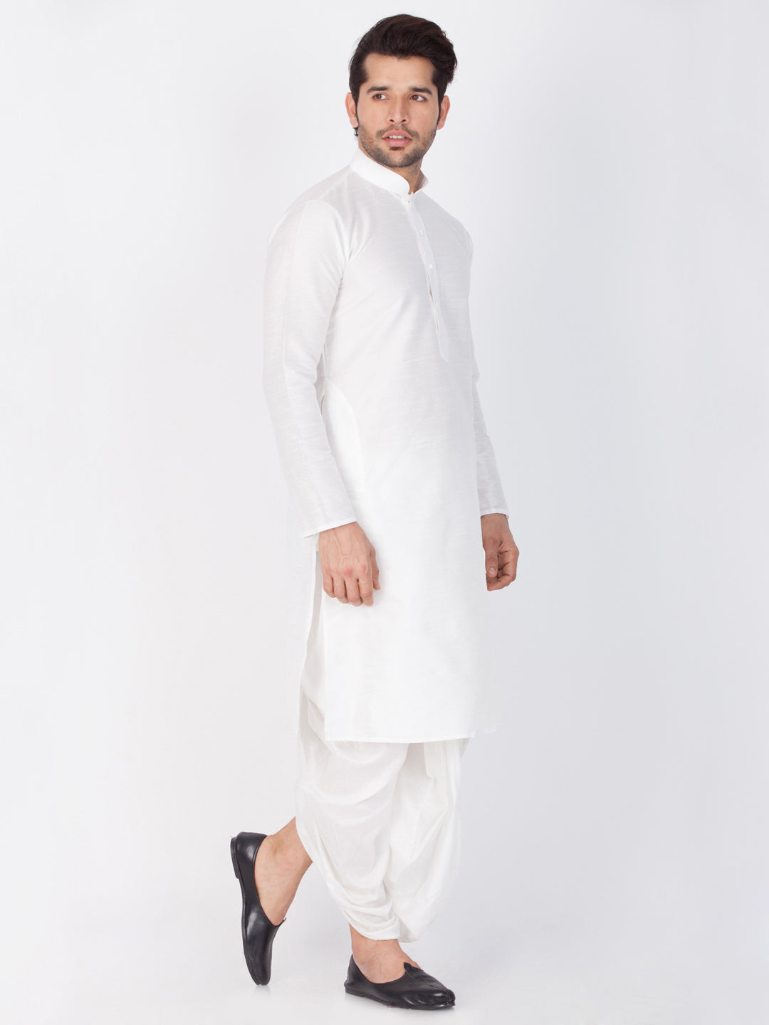 Men's White Cotton Silk Blend Kurta and Dhoti Pant Set