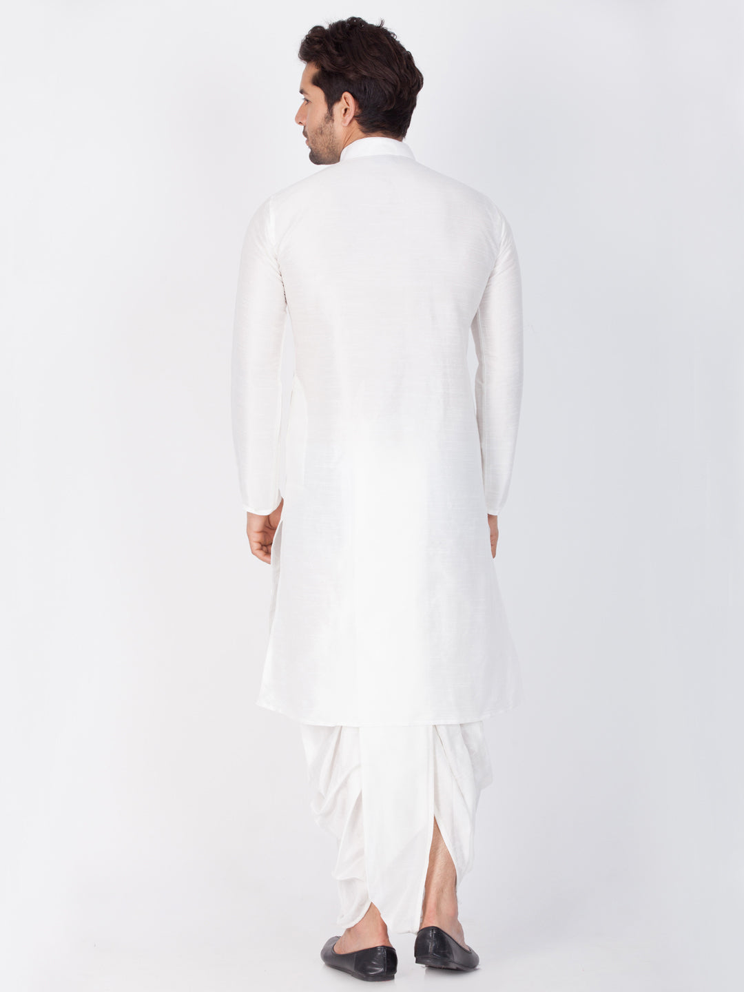 Men's White Cotton Silk Blend Kurta and Dhoti Pant Set