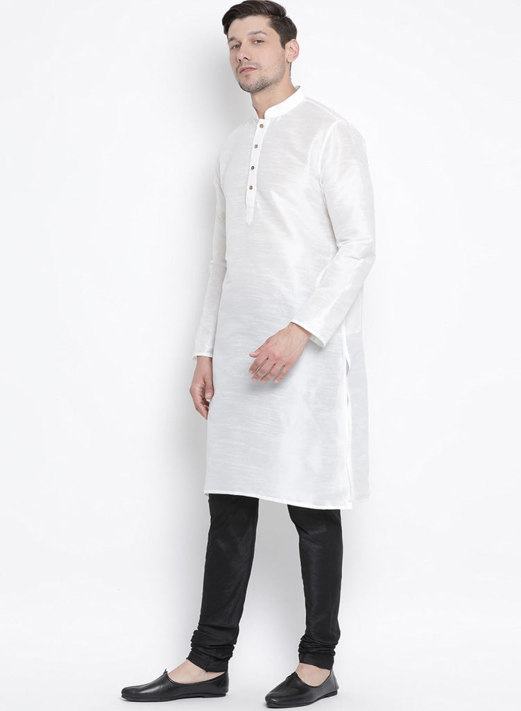 Men's White Cotton Silk Blend Kurta and Pyjama Set