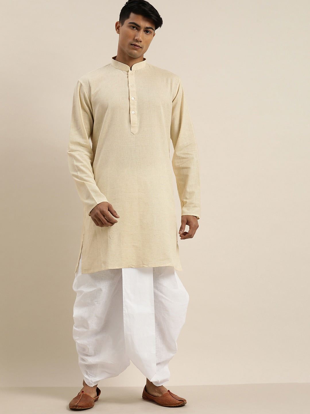 Men's Beige Pure Cotton Kurta With Dhoti Pant Set
