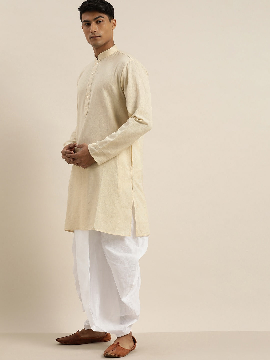 Men's Beige Pure Cotton Kurta With Dhoti Pant Set