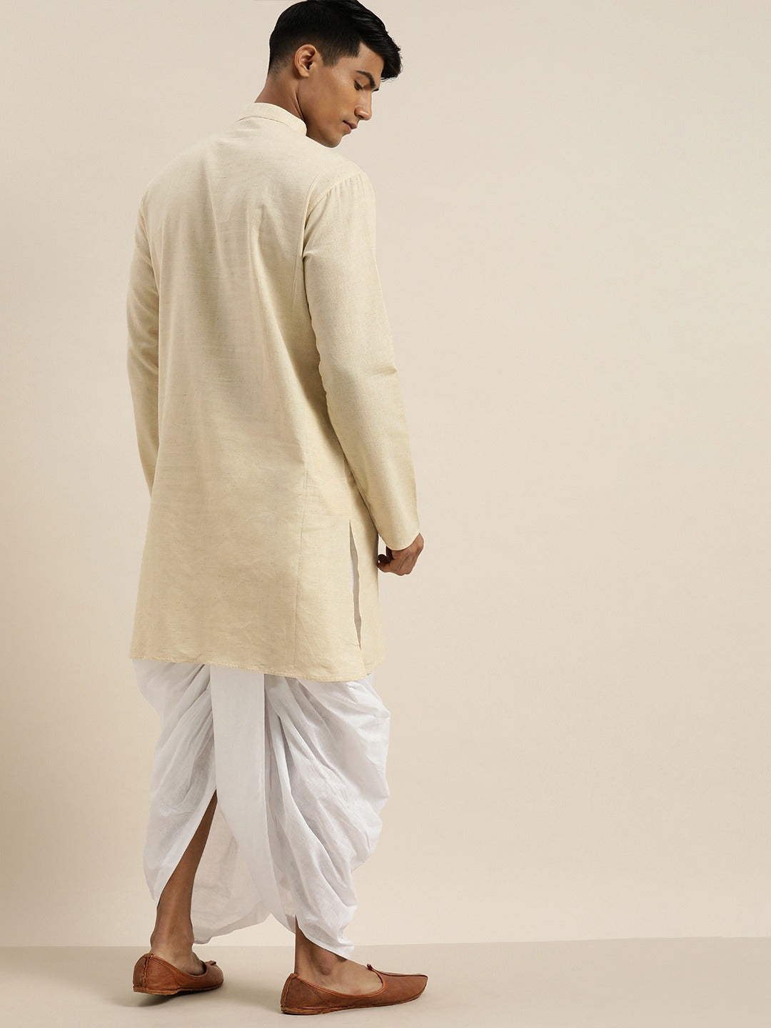 Men's Beige Pure Cotton Kurta With Dhoti Pant Set