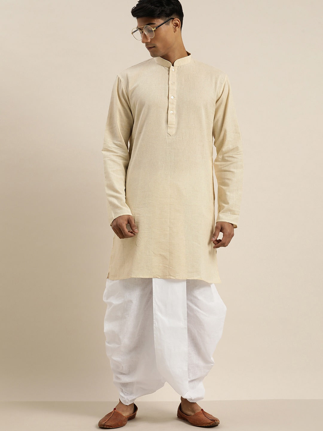 Men's Beige Pure Cotton Kurta With Dhoti Pant Set