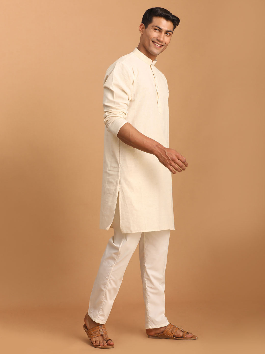 Men's Cream Cotton Kurta With Cream Pant Set