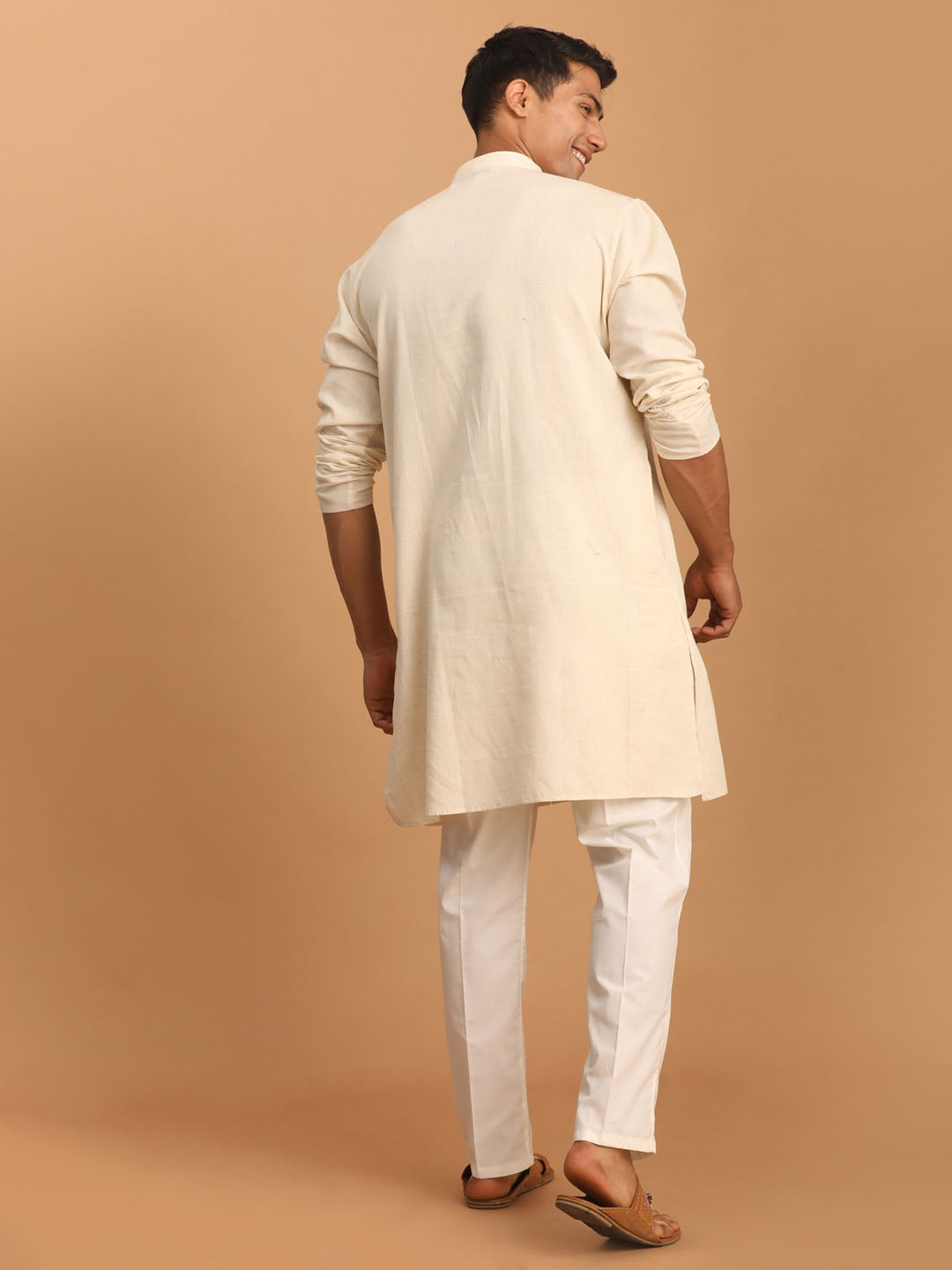 Men's Cream Cotton Kurta With Cream Pant Set