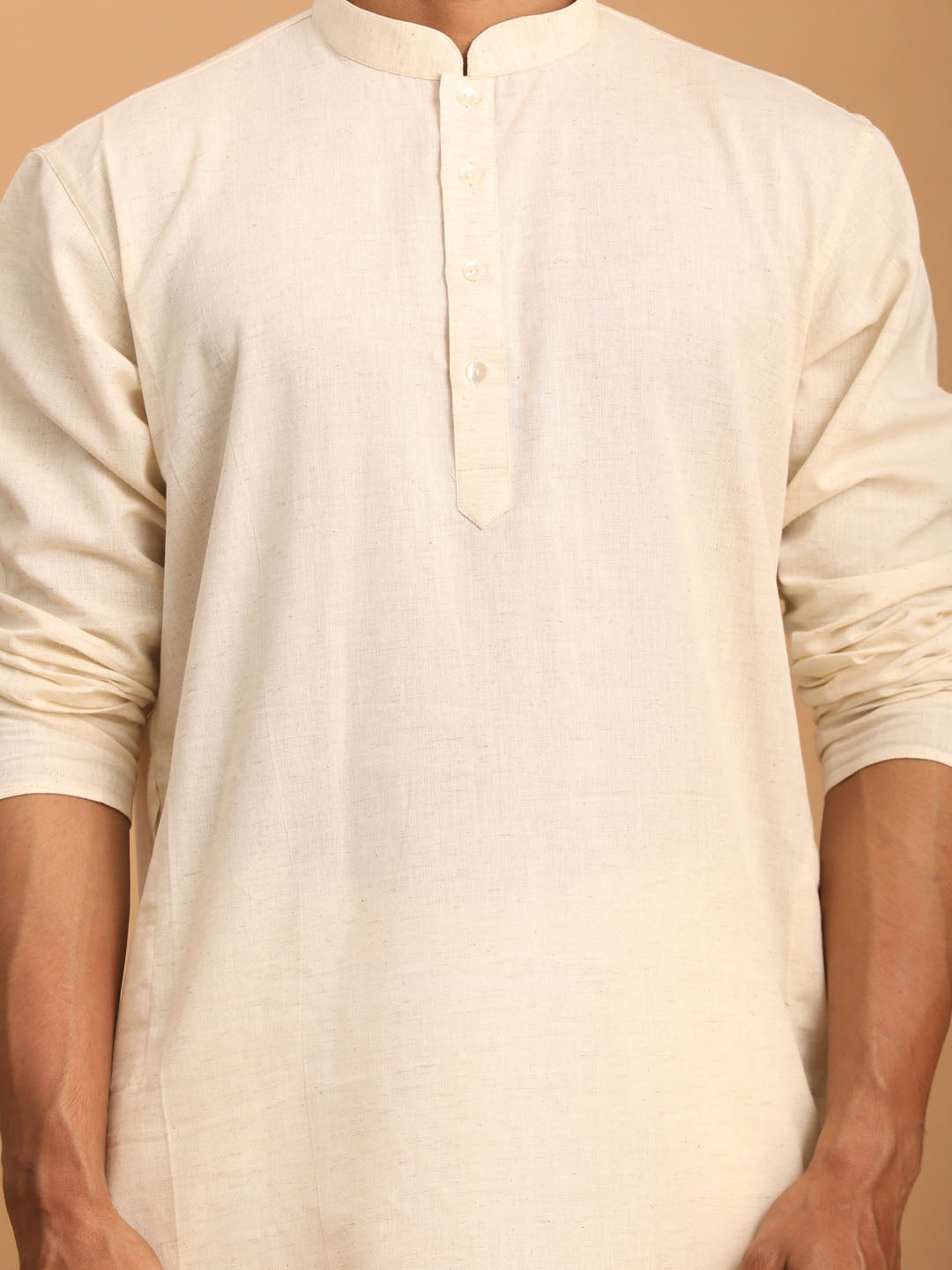 Men's Cream Cotton Kurta With Cream Pant Set