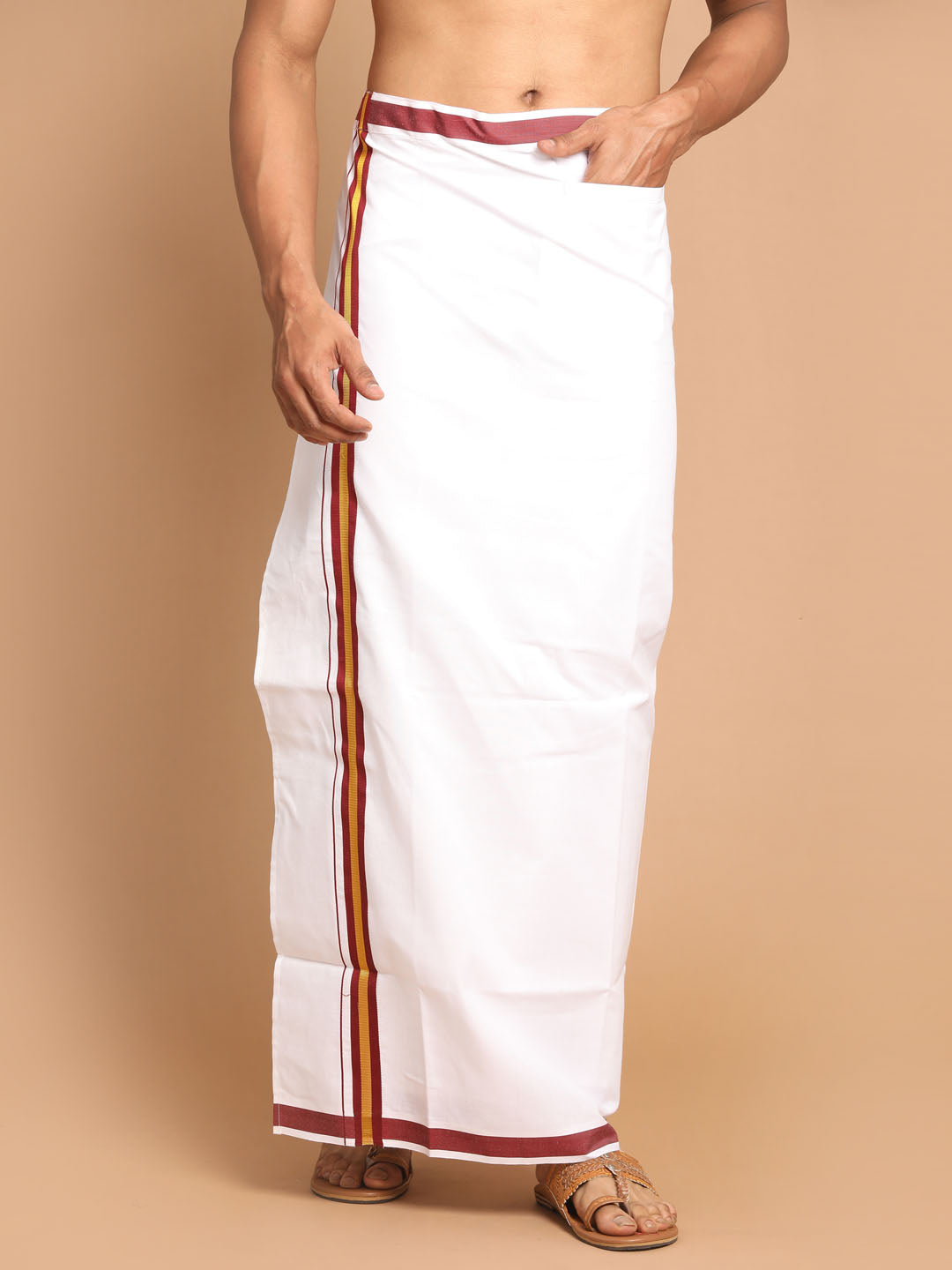 Men's White And Maroon Mundu