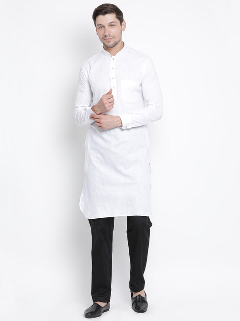 Men's White Cotton Blend Pathani Kurta