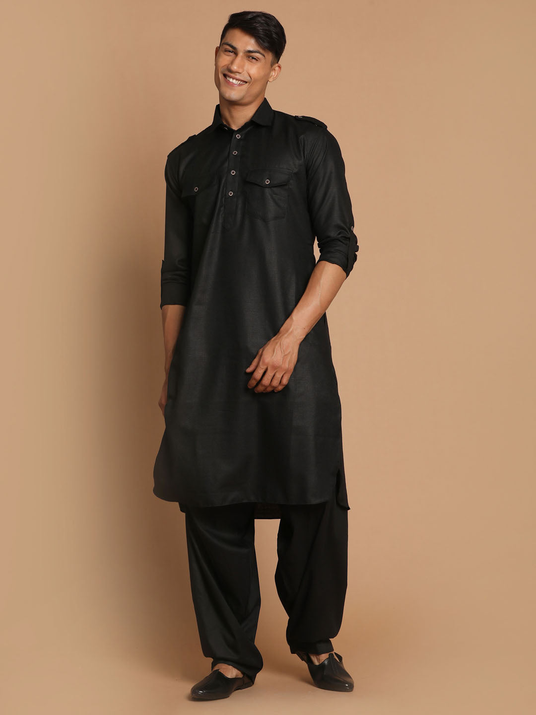 Men's Black Cotton Blend Pathani Suit Set