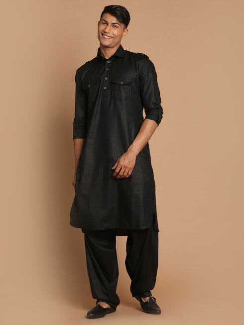 Men's Black Cotton Blend Pathani Suit Set