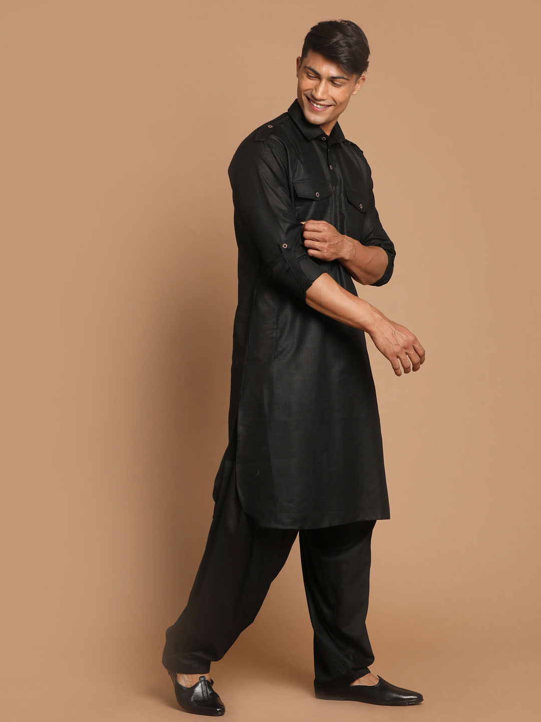 Men's Black Cotton Blend Pathani Suit Set
