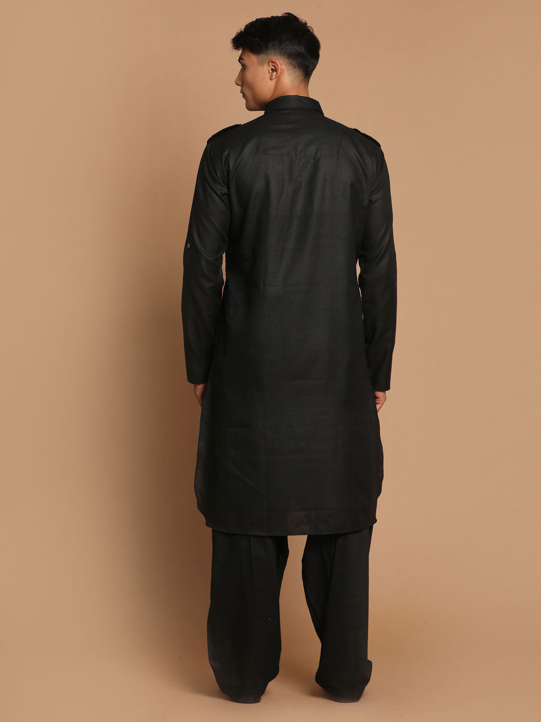 Men's Black Cotton Blend Pathani Suit Set