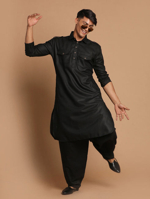 Men's Black Cotton Blend Pathani Suit Set