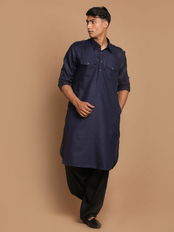 Men's Blue Cotton Blend Pathani Suit Set