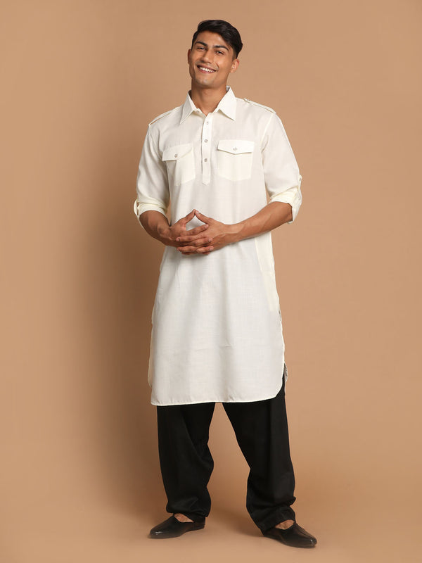Men's Cream Cotton Blend Pathani Suit Set