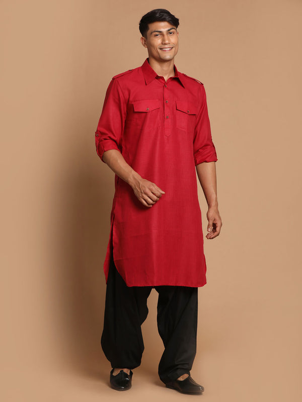 Men's Maroon And Black Cotton Blend Pathani Suit Set