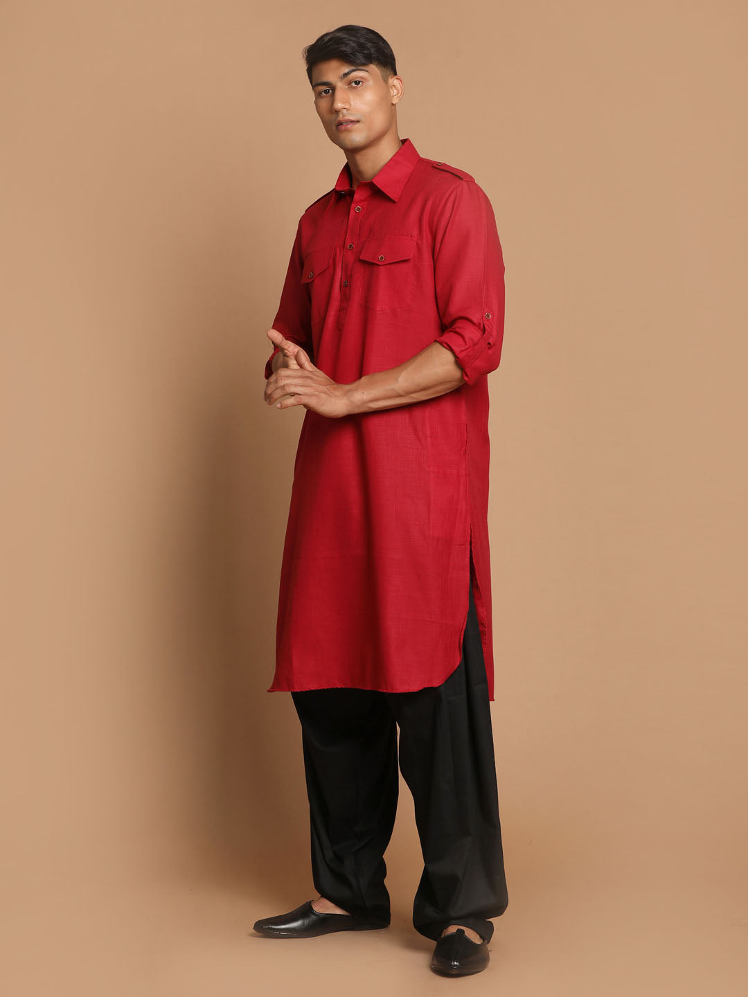 Men's Maroon And Black Cotton Blend Pathani Suit Set