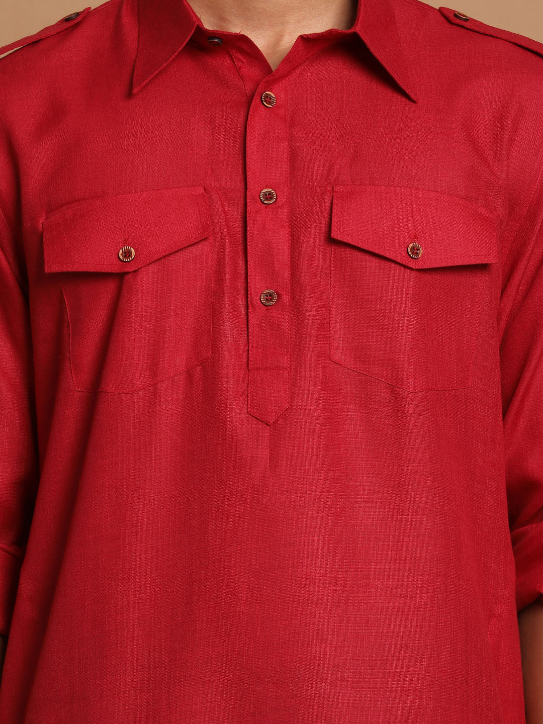 Men's Maroon And Black Cotton Blend Pathani Suit Set