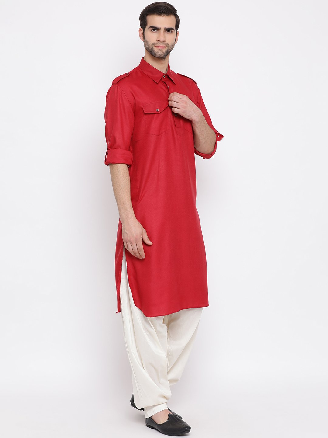VASTRAMAY Men's Maroon Cotton Blend Pathani Suit Set