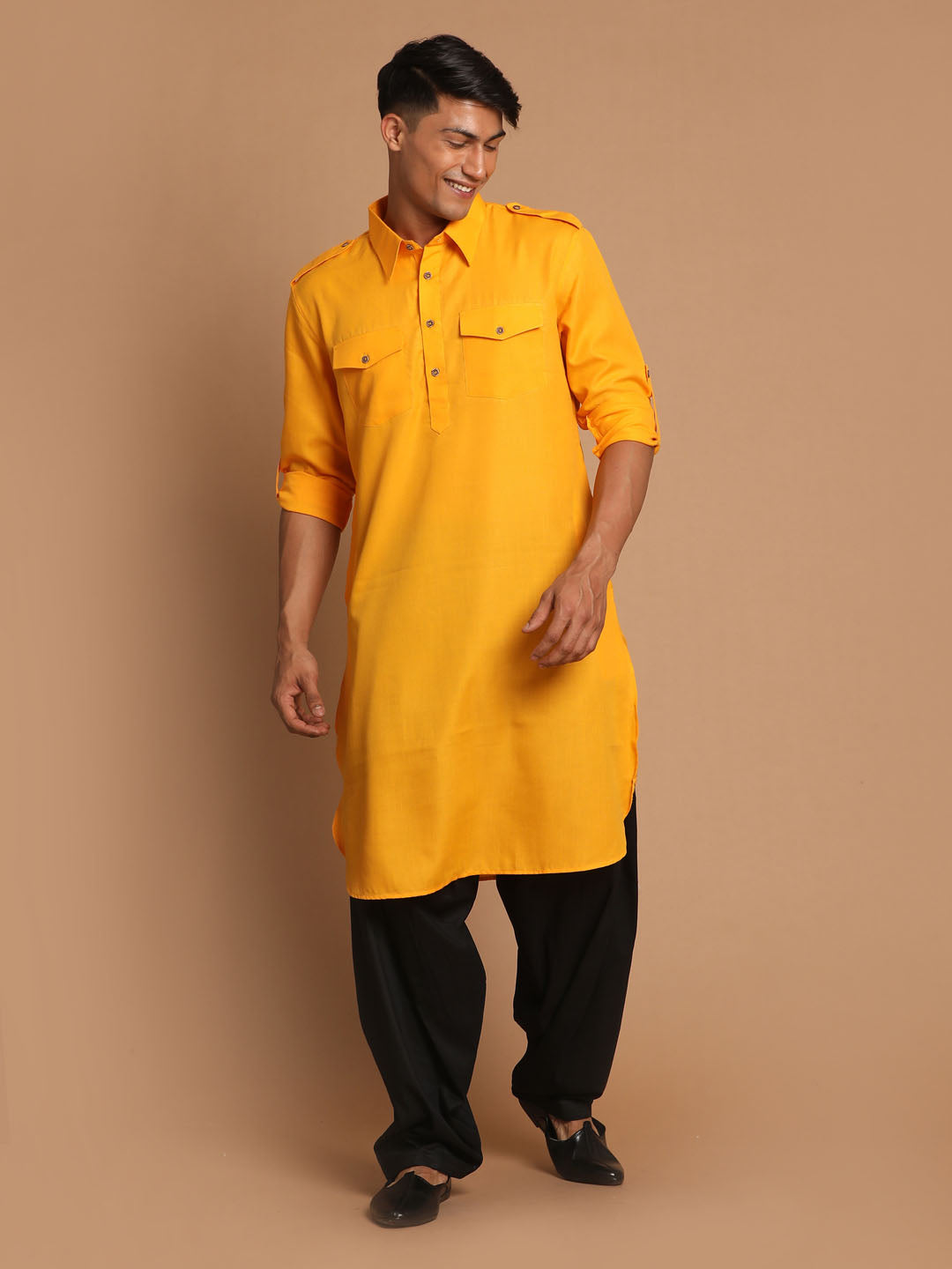 Men's Mustard Cotton Blend Pathani Suit Set