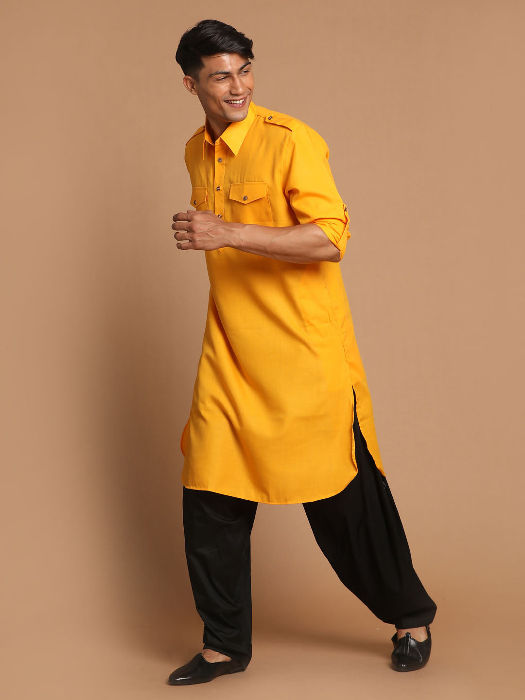 Men's Mustard Cotton Blend Pathani Suit Set