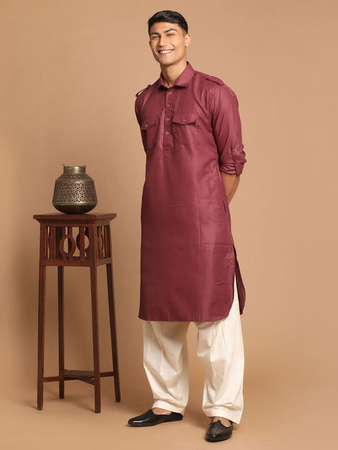 Men's Purple Cotton Blend Pathani Style Kurta