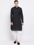 Men's Black Cotton Linen Blend Pathani Kurta And White Dhoti Set
