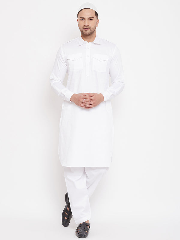 VASTRAMAY Men's White Cotton Blend Pathani Kurta Set