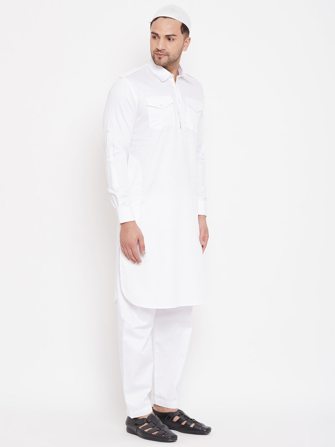 VASTRAMAY Men's White Cotton Blend Pathani Kurta Set