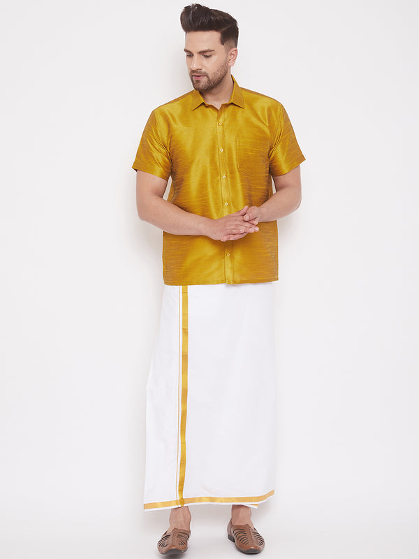 Men's Mustard And White Silk Blend Shirt And Mundu Set
