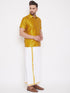 Men's Mustard And White Silk Blend Shirt And Mundu Set