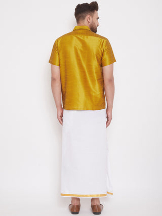 VM By VASTRAMAY Men's Mustard and White Silk Blend Shirt And Mundu Set