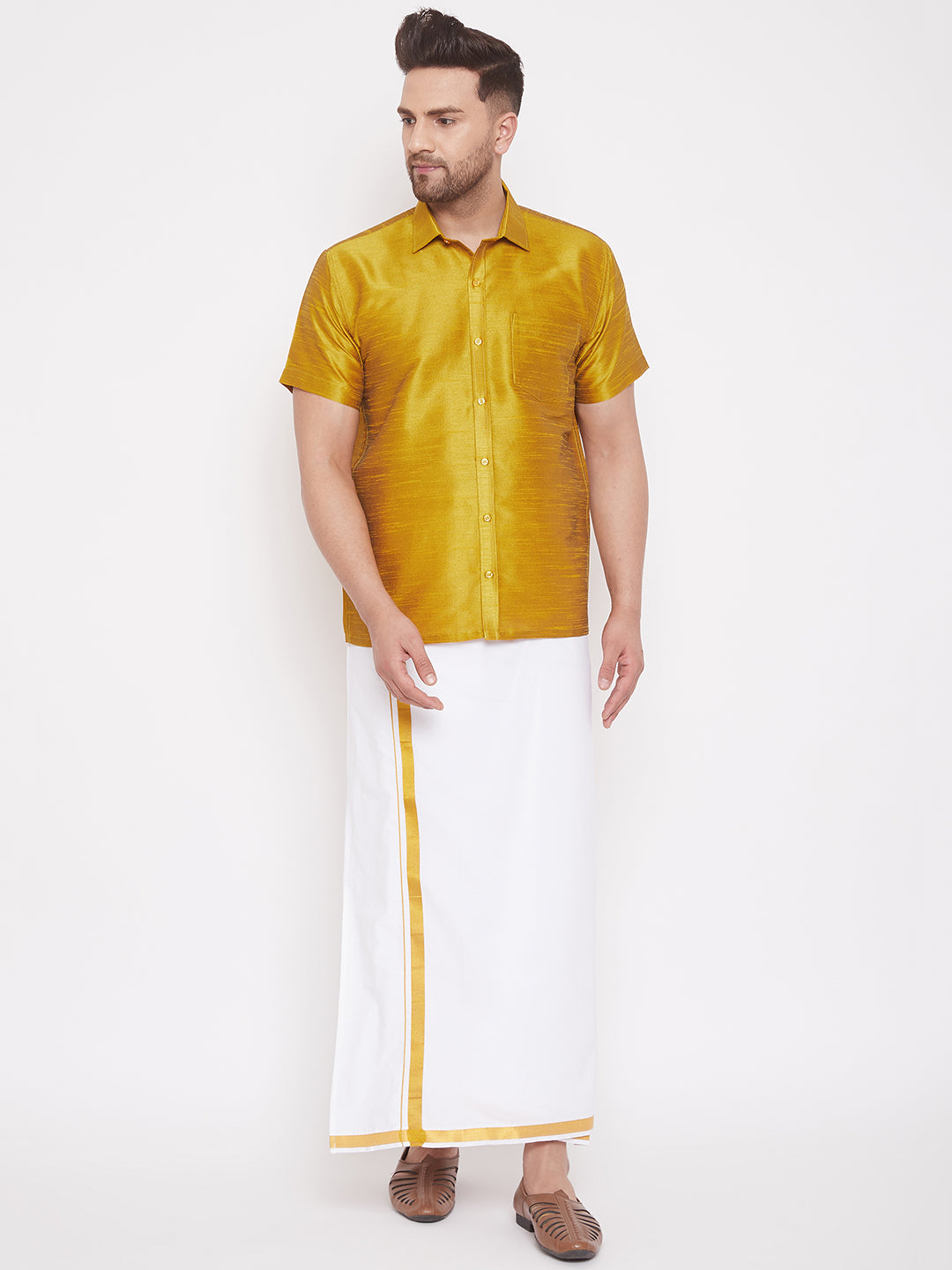 Men's Mustard And White Silk Blend Shirt And Mundu Set