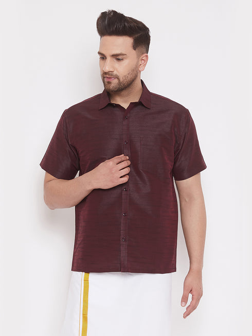 Men's Wine Silk Blend Ethnic Shirt