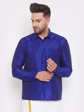 VASTRAMAY Men's Blue Silk Blend Ethnic Shirt