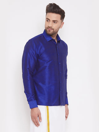 VASTRAMAY Men's Blue Silk Blend Ethnic Shirt