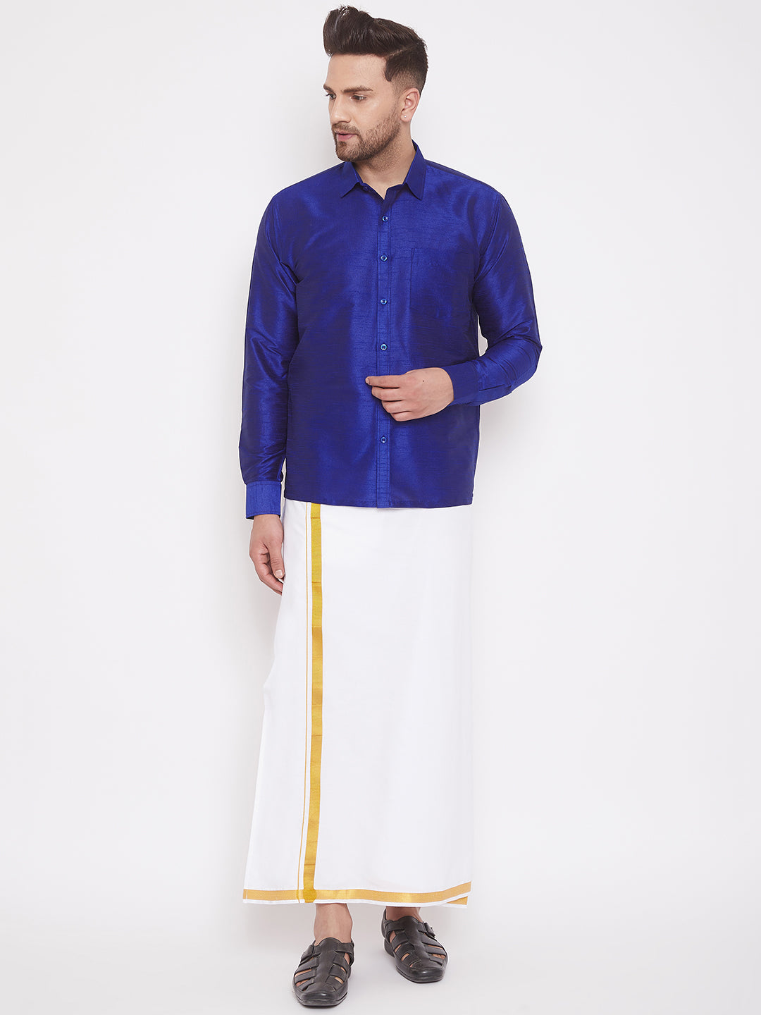 Men's Blue And White Silk Blend Shirt And Mundu Set