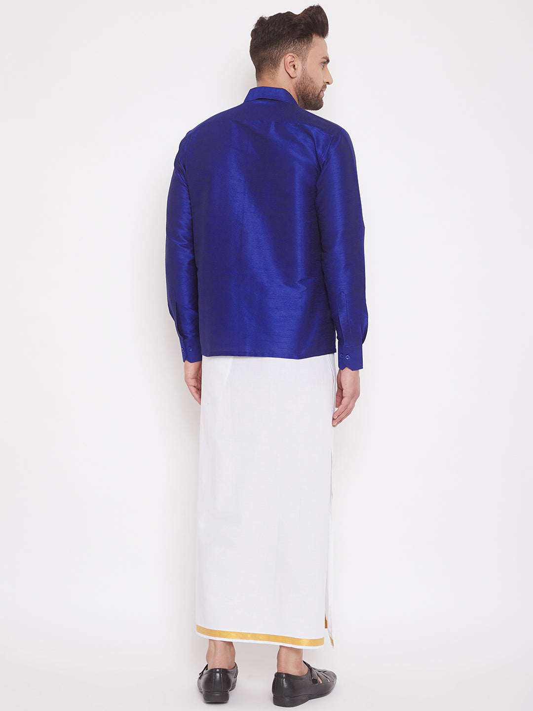 Men's Blue And White Silk Blend Shirt And Mundu Set