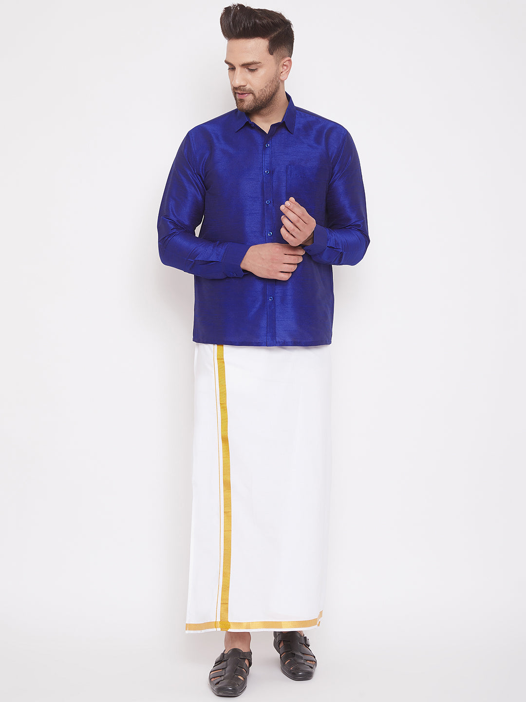 Men's Blue And White Silk Blend Shirt And Mundu Set
