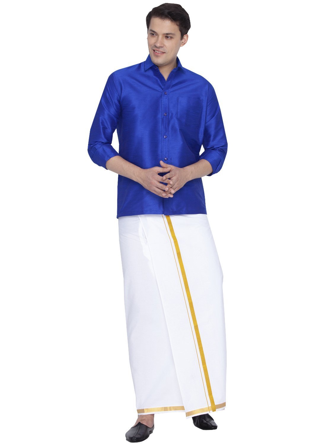 Men's Blue Cotton Silk Blend Shirt and Dhoti Set