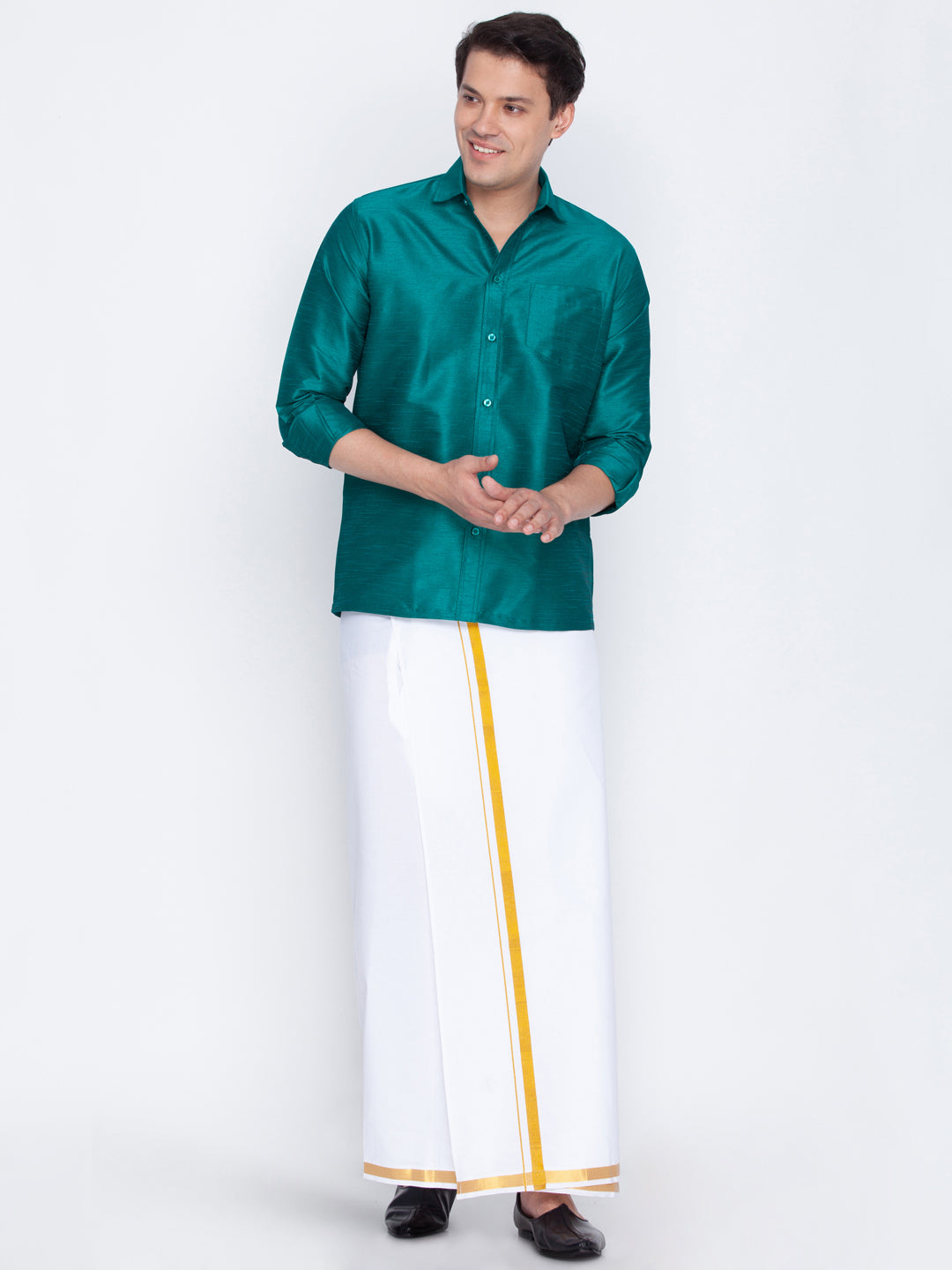 VASTRAMAY Men's Green Cotton Silk Blend Shirt and Mundu Set