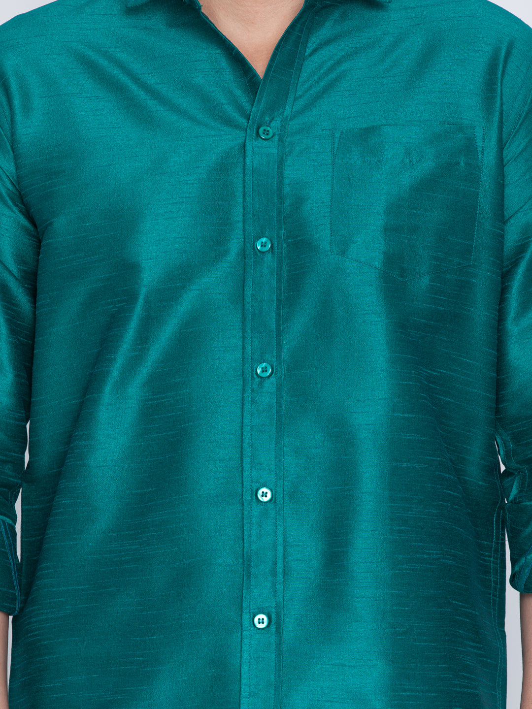 VASTRAMAY Men's Green Cotton Silk Blend Shirt and Mundu Set