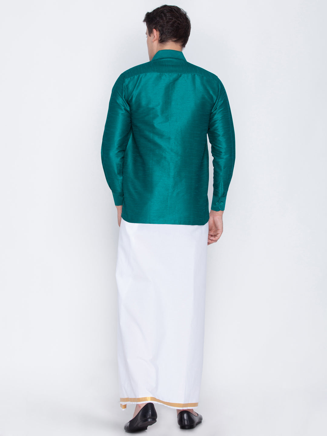 VASTRAMAY Men's Green Cotton Silk Blend Shirt and Mundu Set