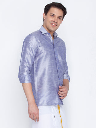 Men's Blue Cotton Silk Blend Ethnic Shirt