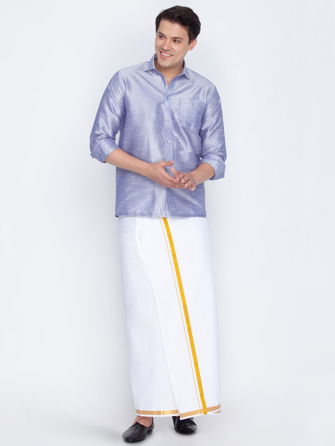 VASTRAMAY Men's Blue Cotton Silk Blend Shirt and Mundu Set