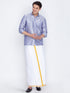 VASTRAMAY Men's Blue Cotton Silk Blend Shirt and Mundu Set